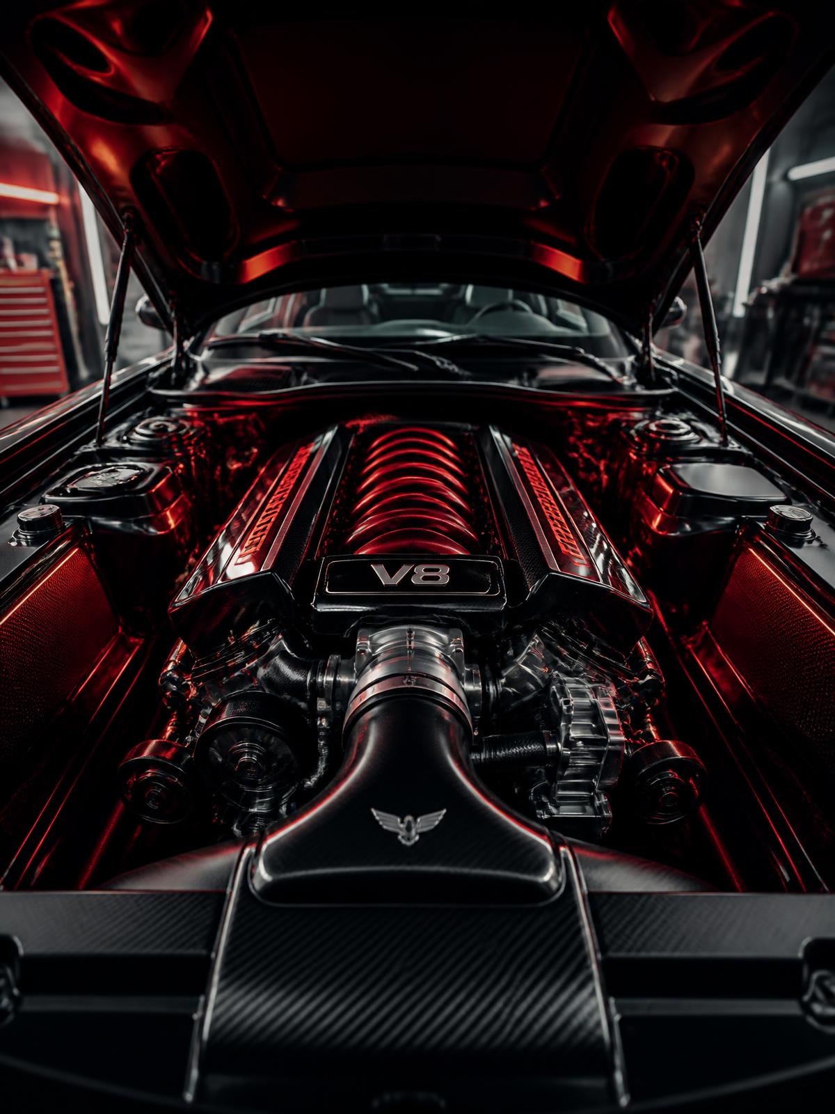 High-end sports car engine bay with red accent lighting