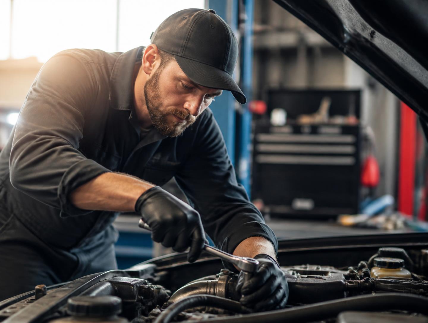 Automotive technician working carefully on an engine in a clean modern workshop